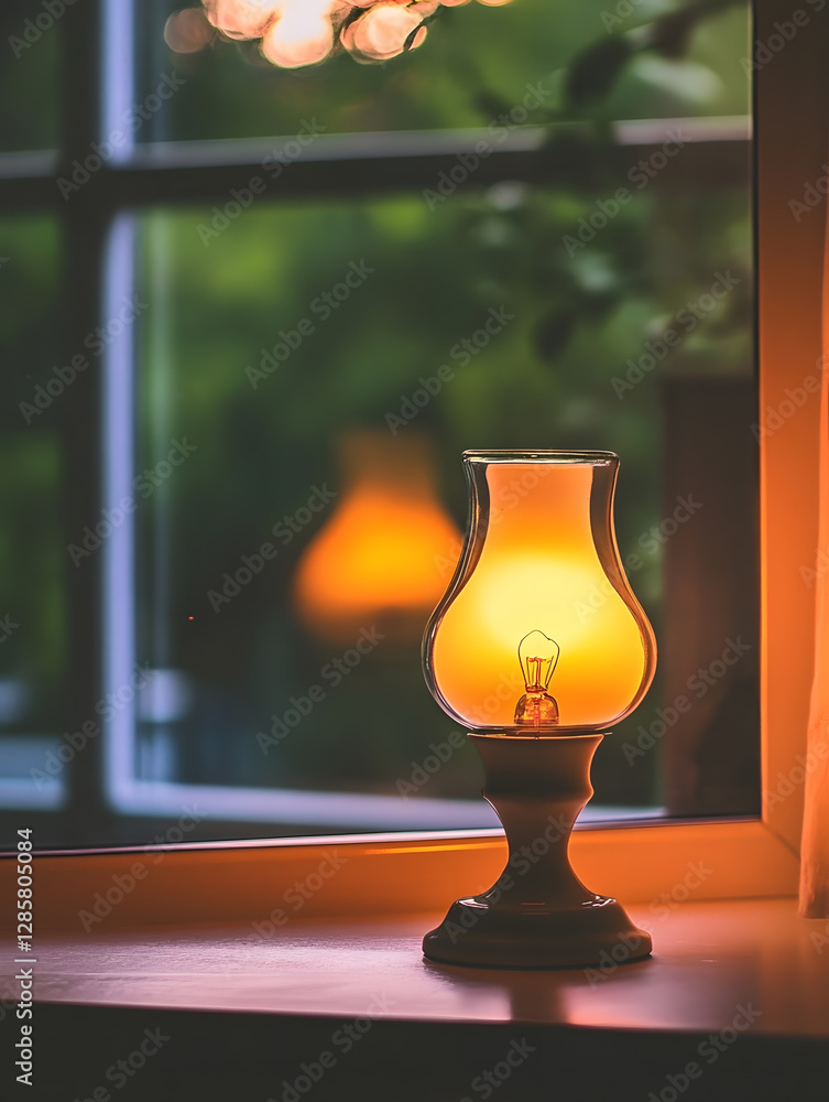 Poster vintage oil lamp with warm glow sitting on window sill : generative ai