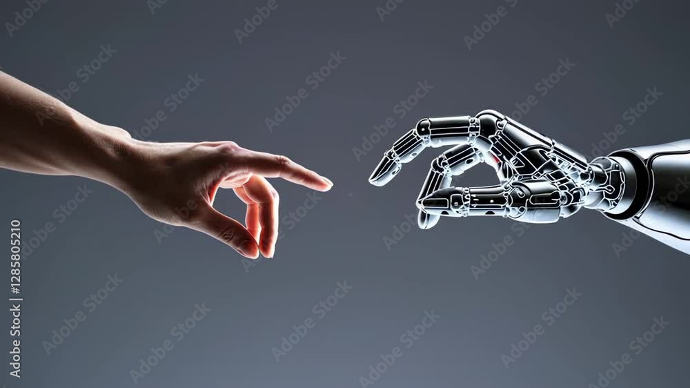 Aufkleber Human hand touching a robotic hand with glowing flare effect on a gray background, creating a symbolic representation of the connection between humanity and artificial intelligence