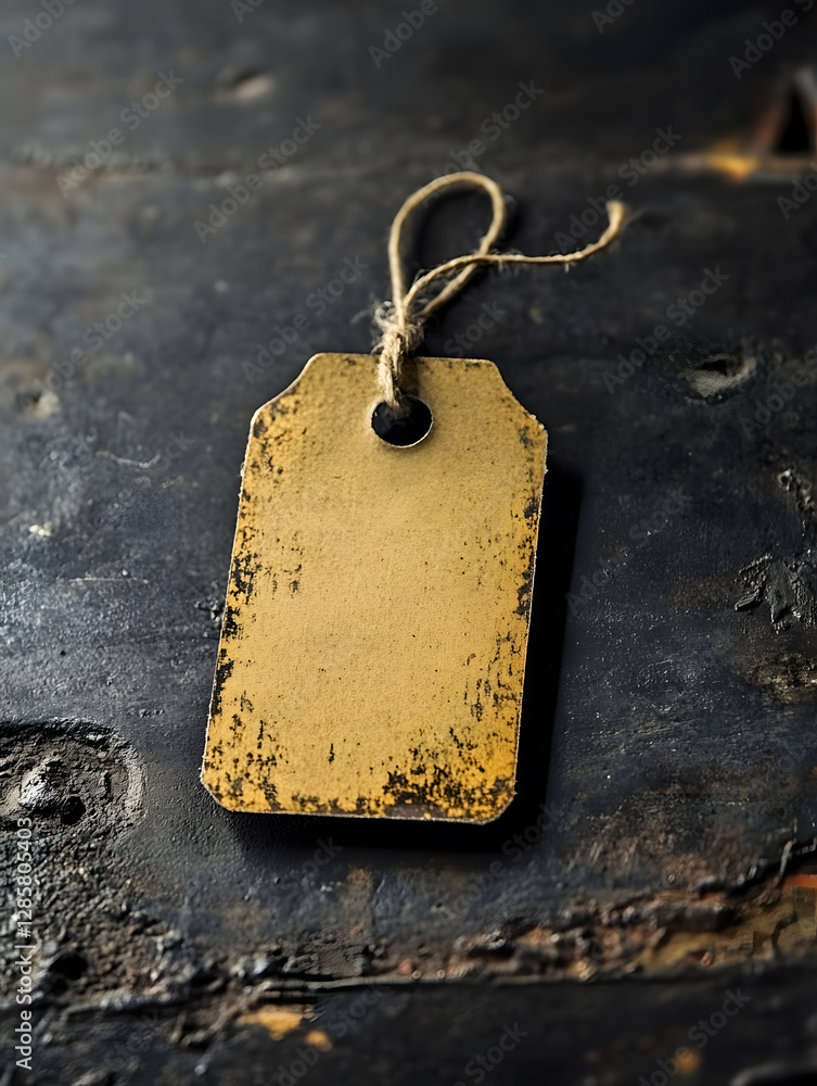 Poster rustic vintage blank gift tag with string on distressed wooden background : generative ai