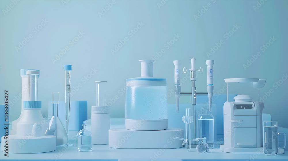 Aufkleber laboratory equipment in a serene blue setting with various glassware and instruments displayed