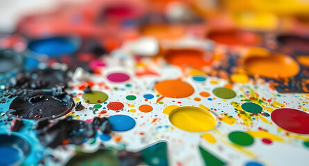 Fototapeta premium Close-up of an artist’s palette with vibrant paints background. Creative chaos waiting to be transformed into art