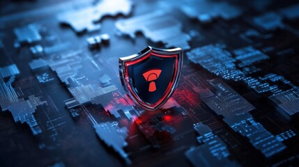 Cybersecurity shield protecting data in a digital world technology graphic design futuristic environment close-up perspective
