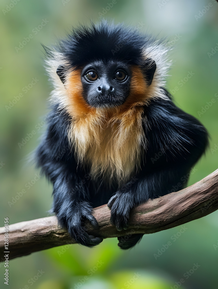 Poster adorable black and orange monkey with fluffy fur sitting on a tree branch : generative ai