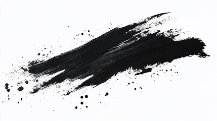 Abstract black paintbrush stroke with splatters on white background.