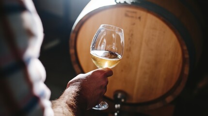 Winemaker tastes fresh unfiltered white wine from the barrel in rustic cellar showcasing natural winemaking tradition