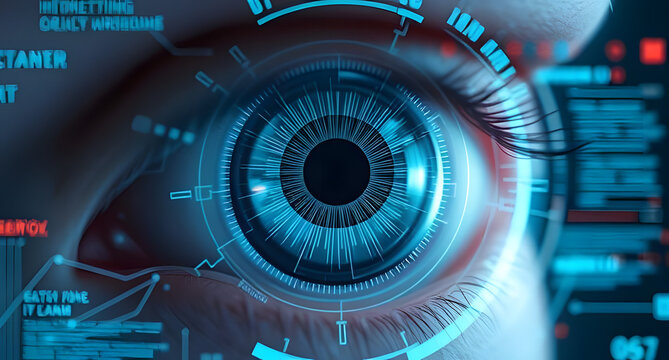 Cybernetic eye HUD interface background. Transparent holographic data circling a futuristic retina - Powered by Adobe