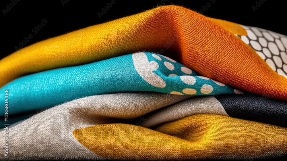 Poster colorful textiles layered together with vibrant patterns and textures