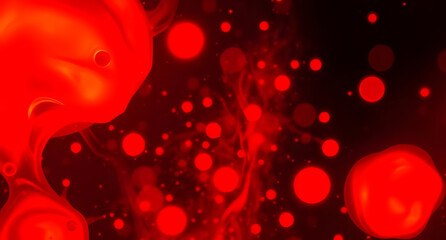 Molten lava lamp fluid background. Bright red and orange liquid blobs floating in darkness