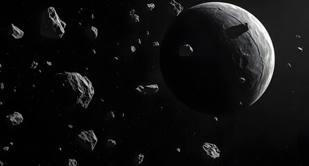 Naklejka premium Floating asteroid belt background. Rocky debris drifting in deep black space