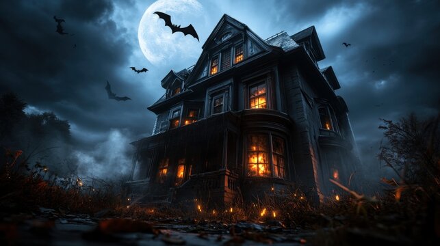 Haunted house encounter on a stormy night spooky atmosphere eerie shadows gothic architecture dark environment cinematic view