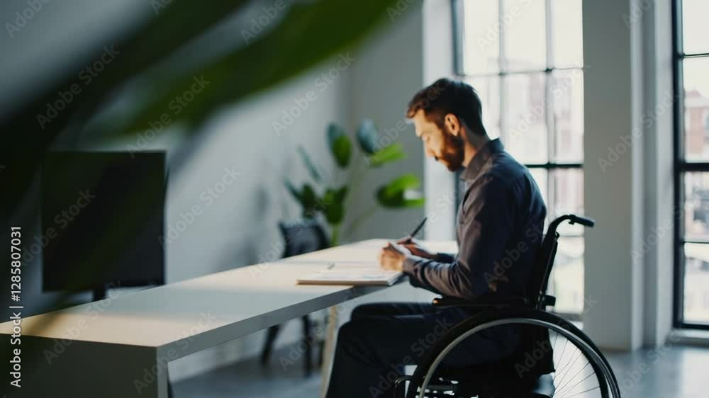 Poster young businessman in wheelchair working on a project in a modern office, taking notes and reviewing 