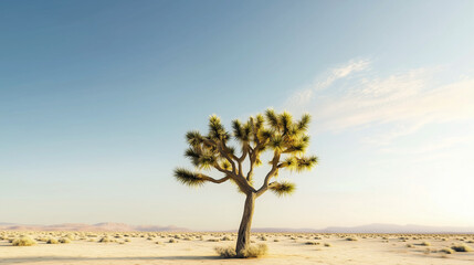 Obraz premium Solitary joshua tree in arid desert landscape on sunny day with blue sky.