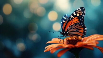 Monarch butterfly rests on orange flower, bokeh background