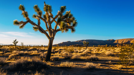 Obraz premium Solitary joshua tree in arid landscape with blue sky during golden hour.