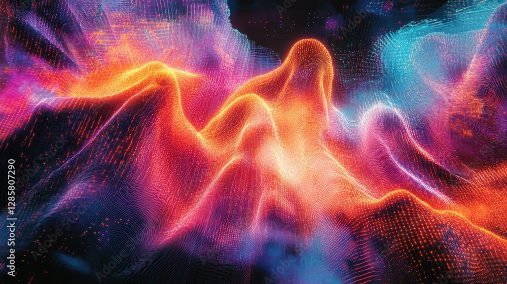 Poster abstract digital landscape with vibrant colors and glowing particles, generating sense of futuristic