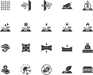 Vector set of fabric properties flat icons. Contains icons waterproof, breathable, elastic, antistatic, windproof, soft and more. Pixel perfect.