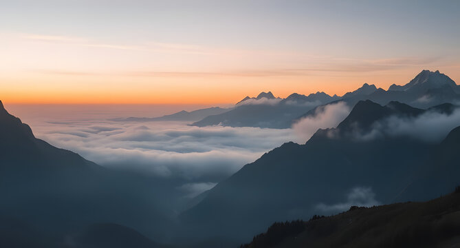 Misty mountain valley at sunrise background. Low clouds rolling between jagged peaks