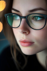 Closeup Portrait of Woman with Glasses Looking into Distance : Generative AI