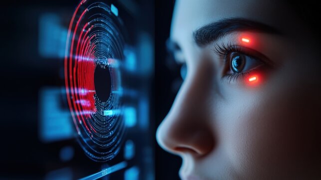 High-tech facial recognition action futuristic lab digital art cyber environment close-up view innovation concept