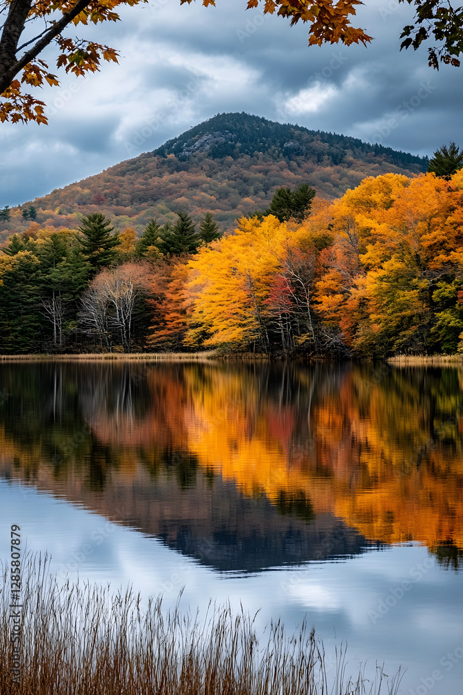 Poster Autumn Foliage Reflected in Calm Lake with Mountain in Background : Generative AI