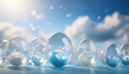 Fototapeta premium A light, airy Easter background with a pastel blue sky and wispy clouds. Floating, gentle Easter eggs and soft floral elements create a dreamy, festive atmosphere.