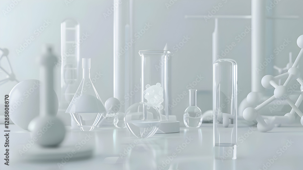 Poster minimalist laboratory scene featuring glassware and molecular structures in a bright setting