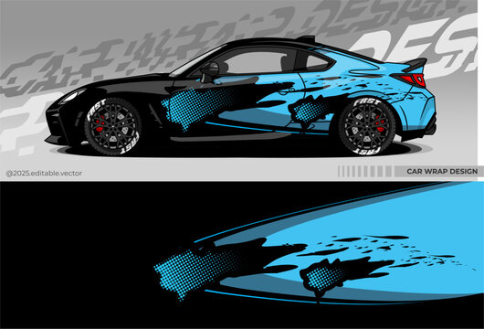 car wrap design with black and blue paint splash pattern on a white sports car. This design gives a unique dynamic and aggressive look.