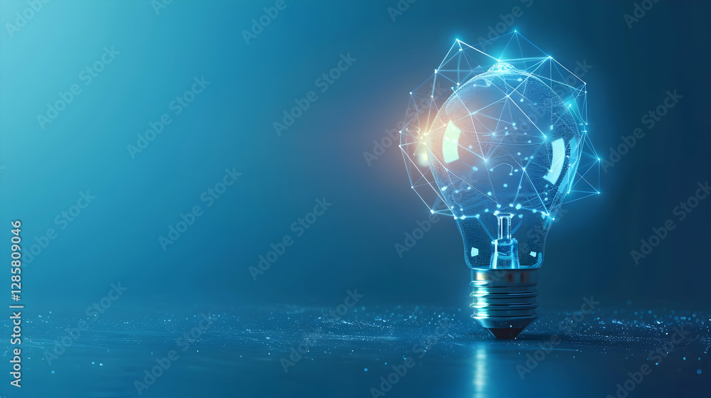 Poster a glowing light bulb with a digital network design illuminating a dark background