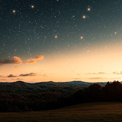 Starry night over tranquil hills, peaceful sunset landscape, nature background