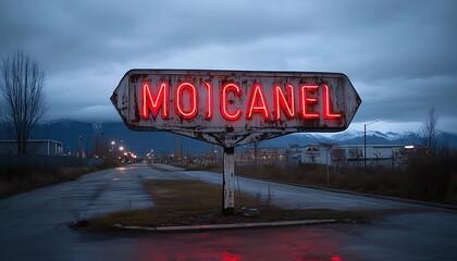 An old neon sign displays its name along a wet road in twilight