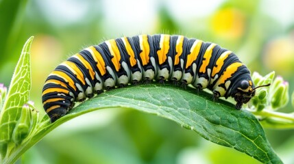 Naklejka premium Monarch Caterpillar on Leaf, Nature, Close-up, Floral Background