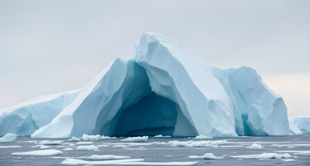 Massive frozen iceberg breaking apart background. Titanic sheets of ice collapsing into frigid waters