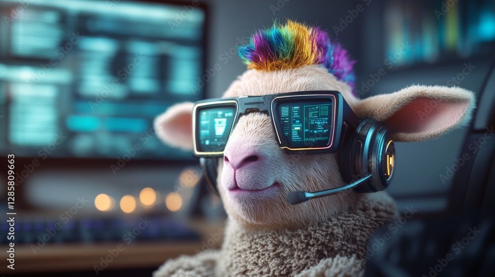 Poster sheep wearing glasses and a headset is sitting in front of a computer monitor. the sheep appears to 