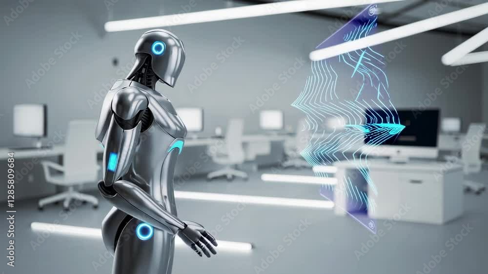 Aufkleber Humanoid robot analyzing complex holographic data, engaging with advanced digital simulation in sleek, high tech office workspace, representing cutting edge artificial intelligence technology