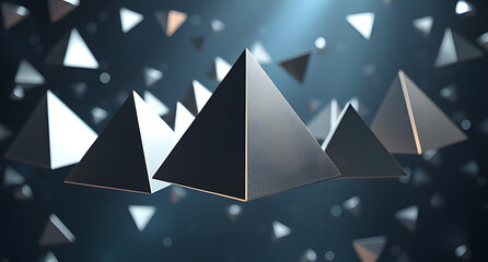 Floating 3D pyramids background. Shiny metallic triangles suspended in space