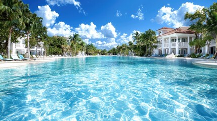 Fototapeta premium Tropical resort pool, sunny day, palm trees, relaxation