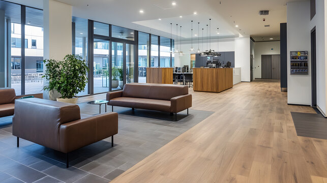 Modern office reception area with stylish furniture and natural wood flooring : Generative AI