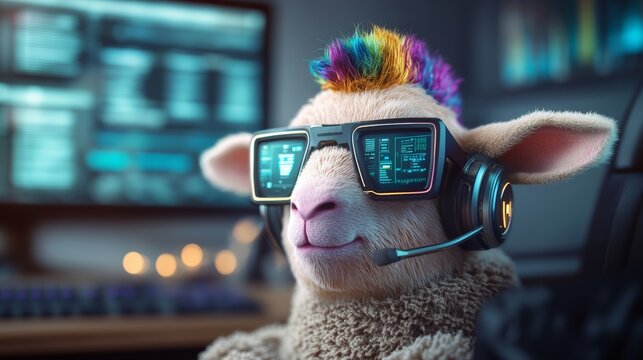 Sheep wearing glasses and a headset is sitting in front of a computer monitor. The sheep appears to be enjoying the computer game, and the image conveys a sense of fun and lightheartedness