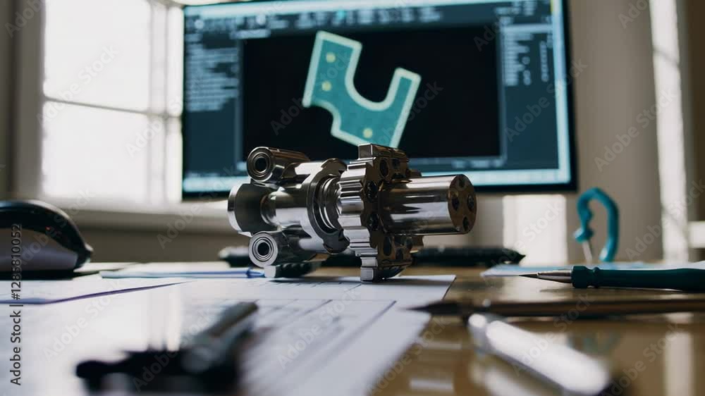 Poster Complex metallic mechanical part resting on an engineer's desk with cad software displaying its blueprint on a monitor in the background, presented in slow motion