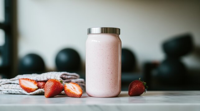Enjoying a refreshing strawberry oat protein shake in a modern to go bottle on a gym bench with workout gear in the background