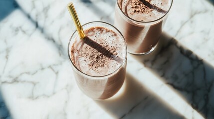 Indulgent coffee flavored plant protein drink over ice with frothed oat milk and cocoa powder for a boost of energy