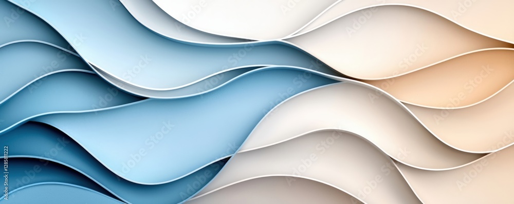Poster soft flowing waves with gentle gradient in blue and beige tones