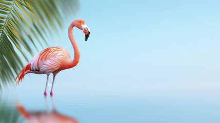 Obraz premium vibrant flamingo stands gracefully by tranquil water body, surrounded by lush greenery, evoking serene tropical atmosphere