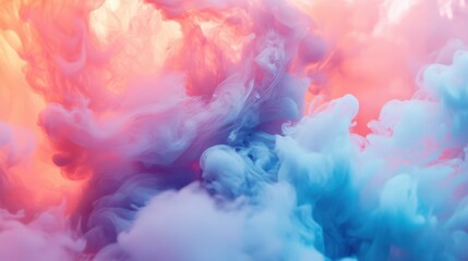 Obraz premium Colorful abstract smoke in a blue sky with clouds and light, rainbow colored smoke background 