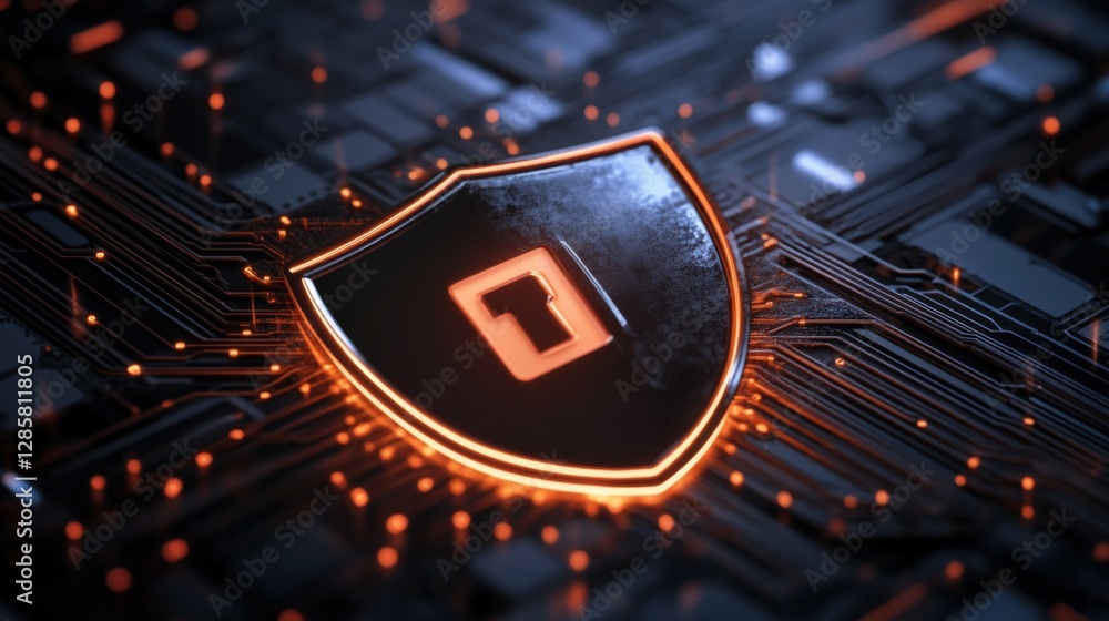 Poster cybersecurity action protecting digital assets in a futuristic tech environment