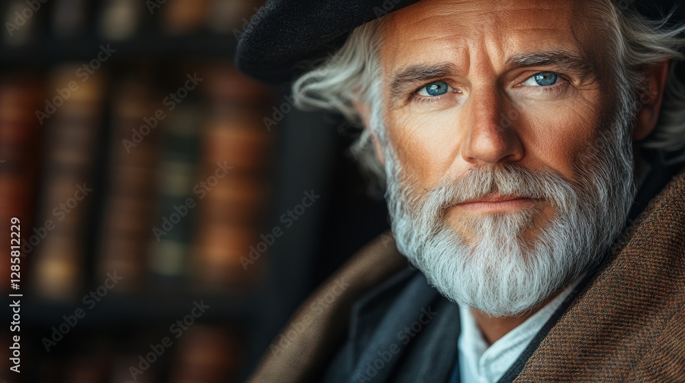 Poster man with a hat and beard is standing in front of a bookcase. he looks serious and focused