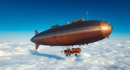 Obraz premium Steampunk airship floating above clouds background. Massive bronze and copper zeppelin hovering