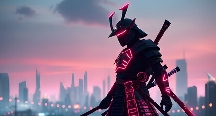 Futuristic cyber samurai silhouette background. Neon-lit warrior against a high-tech skyline