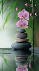 Obraz premium Zen balance with orchid flowers and smooth stones in tranquil water reflection
