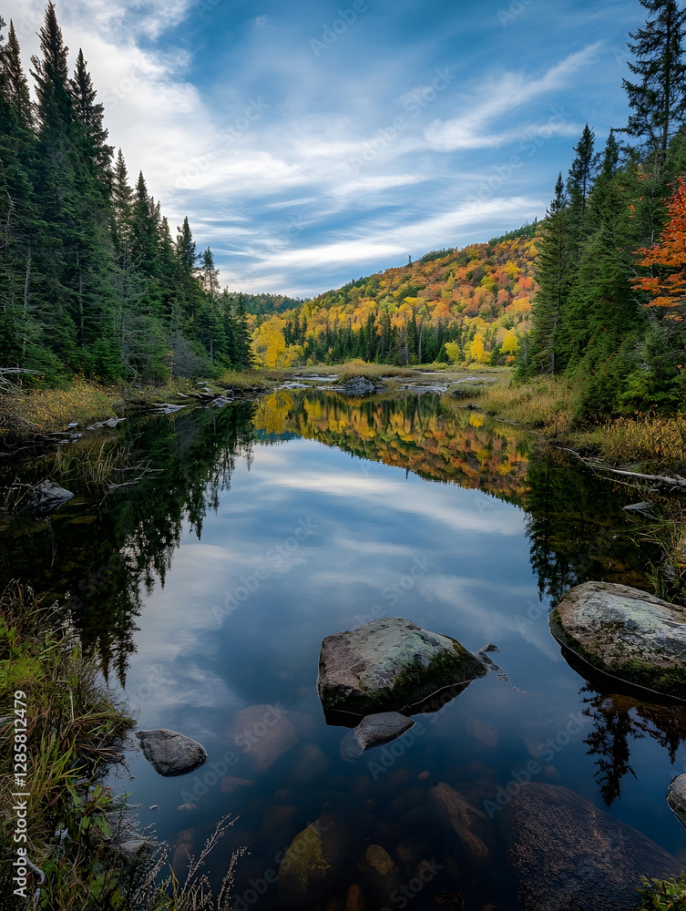 Poster vibrant autumn landscape with tranquil river reflecting colorful forest : generative ai
